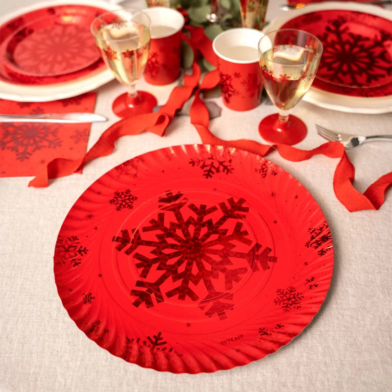 Bandeja Redonda Cartón Navidad Ø 30 cm Copo de Nieve Rojo Glitter (72 uds)