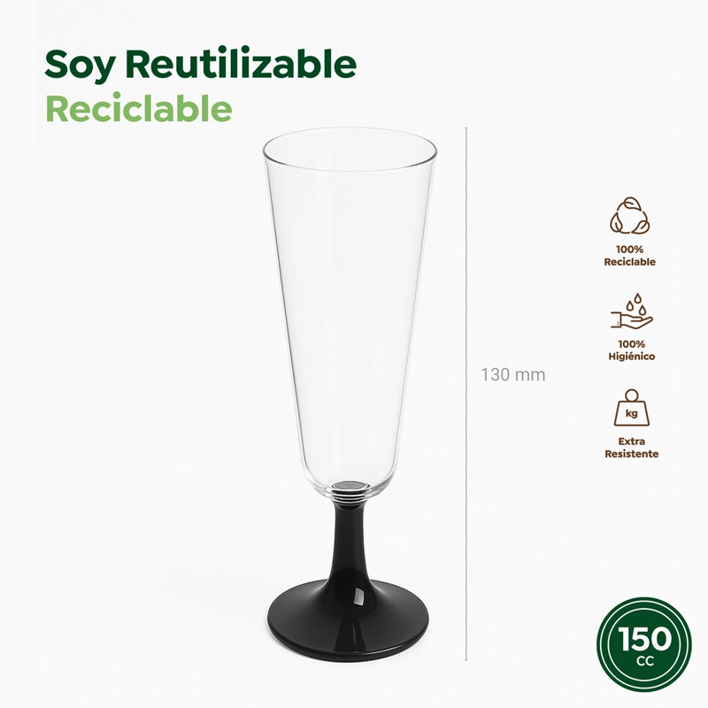 Copa Cava Plástico PP Reutilizable 150 cc Transparente Pie Negro (50 uds)