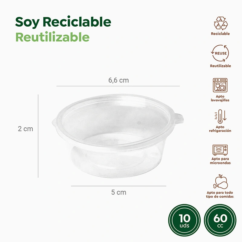 Salsera Plástico PP Reutilizable Tapa Bisagra 60 cc Transparente (10 uds)