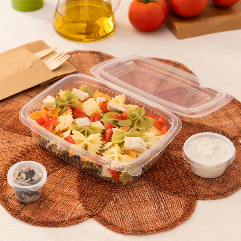 Envase Rectangular Plástico PP Reutilizable Tapa Bisagra 600 cc Transparente (72 uds)