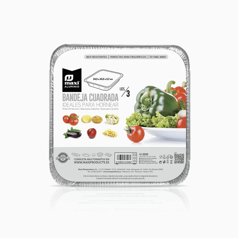 Bandeja Cuadrada Aluminio 24.5 x 24.5 x 5.7 cm con Tapa (60 uds)