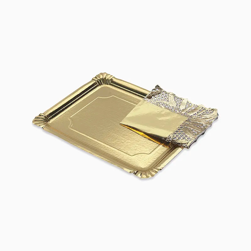 Bandeja Rectangular Cartón con Blonda Metalizado 22 x 28 cm Oro (1 ud)