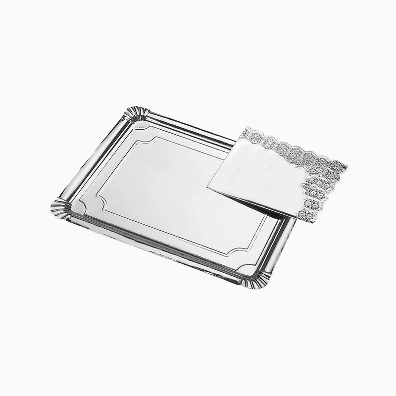 Bandeja Rectangular Cartón con Blonda Metalizado 22 x 28 cm Plata (1 ud)