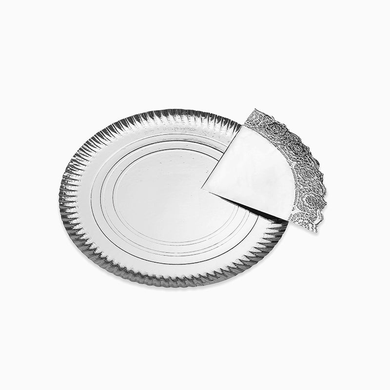 Bandeja Redonda Cartón con Blonda Metalizado Ø 23 cm Plata (1 ud)