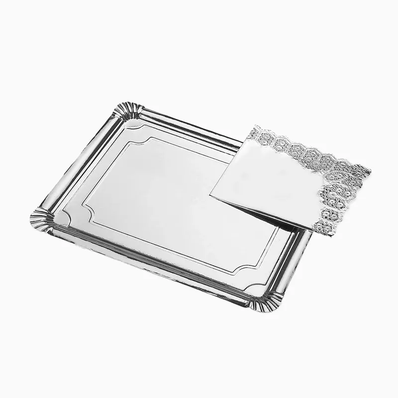 Bandeja Rectangular Cartón con Blonda Metalizado 31 x 38 cm Plata (1 ud)
