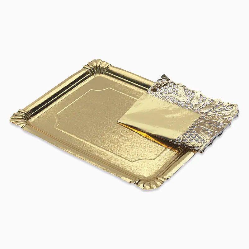 Bandeja Rectangular Cartón con Blonda Metalizado 34 x 42 cm Oro (1 ud)