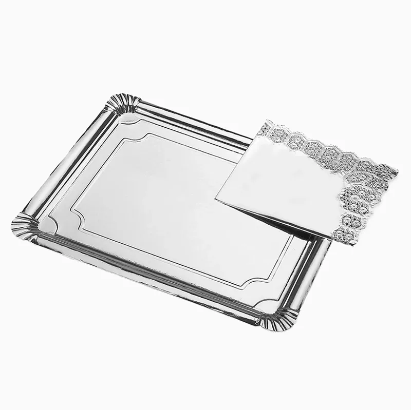 Bandeja Rectangular Cartón con Blonda Metalizado 34 x 42 cm Plata (1 ud)