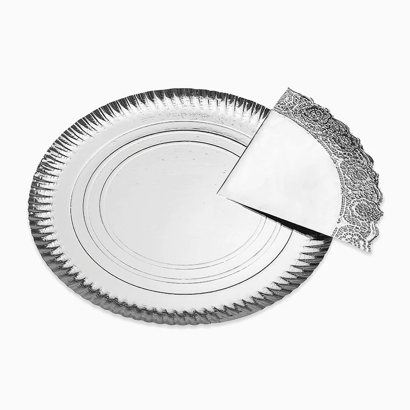 Bandeja Redonda Cartón con Blonda Metalizado Ø 38 cm Plata (1 ud)