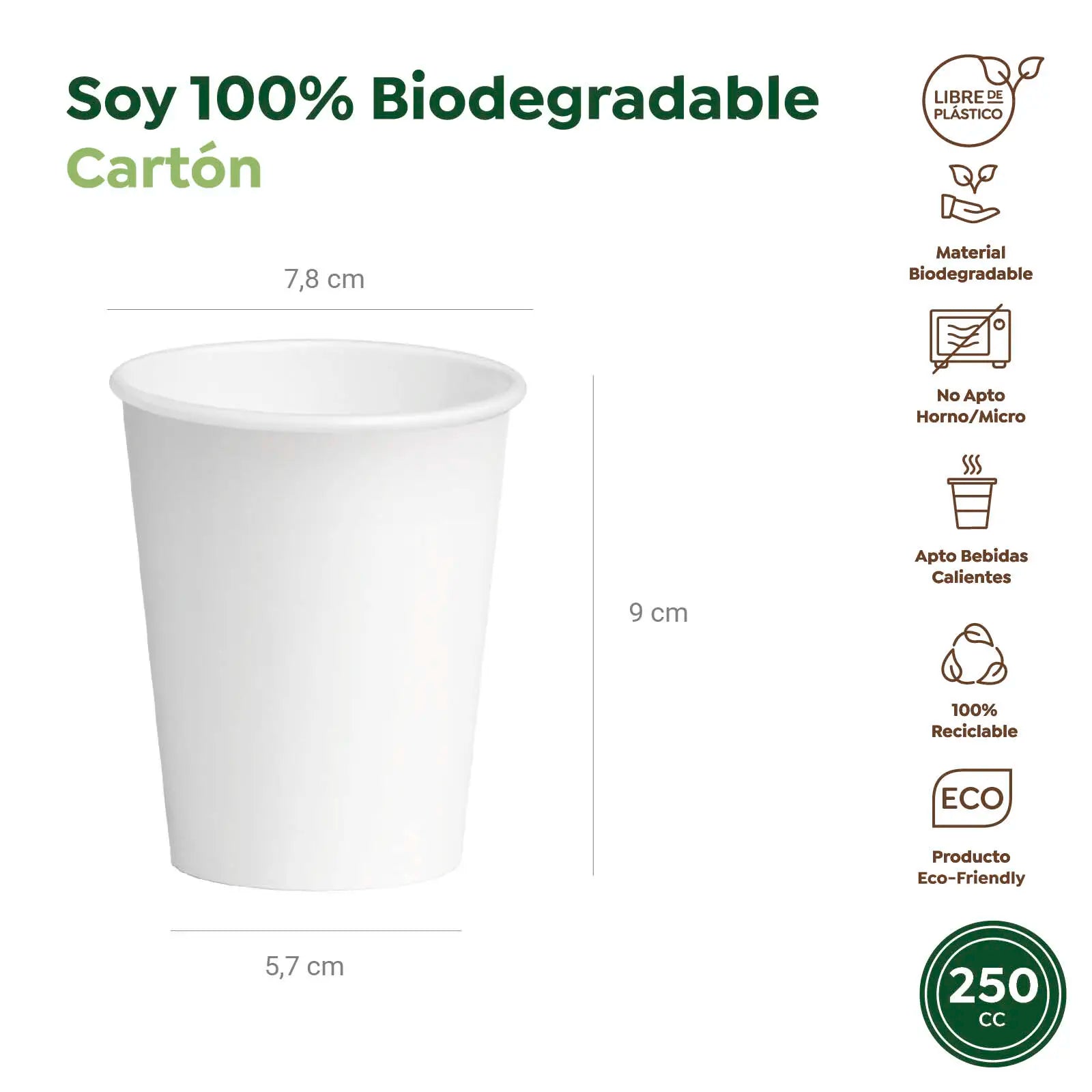 Vaso Biodegradable Cartón 250 cc Blanco Take Away 300 uds