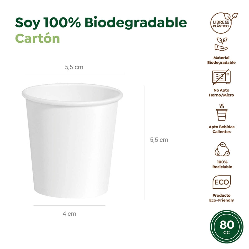 Vaso Biodegradable Cartón 80 cc Blanco Take Away 50 uds