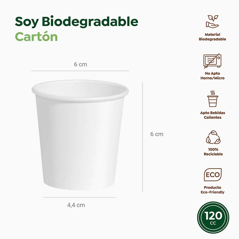 Vaso con Tapa Biodegradable Cartón 120 cc Blanco Take Away 500 uds