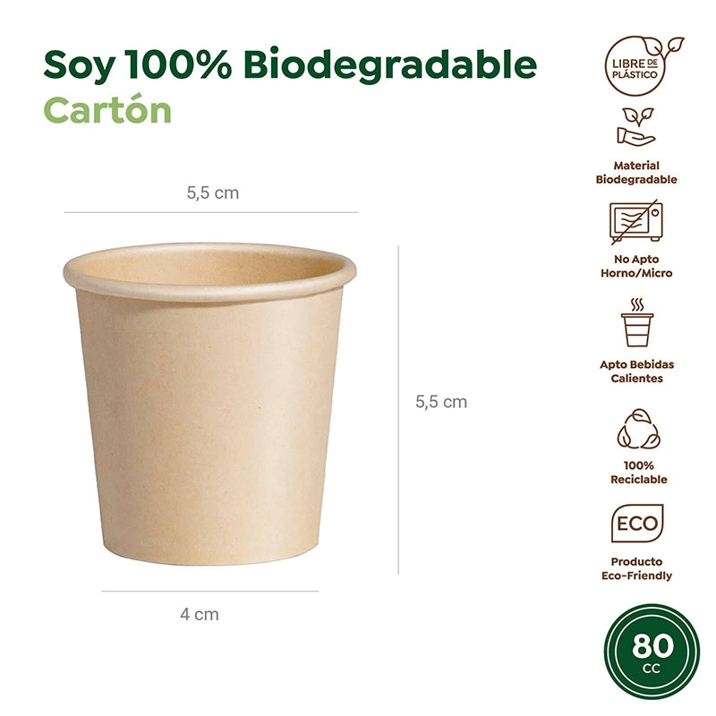 Vaso Biodegradable Cartón 80 cc Kraft Take Away 50 uds