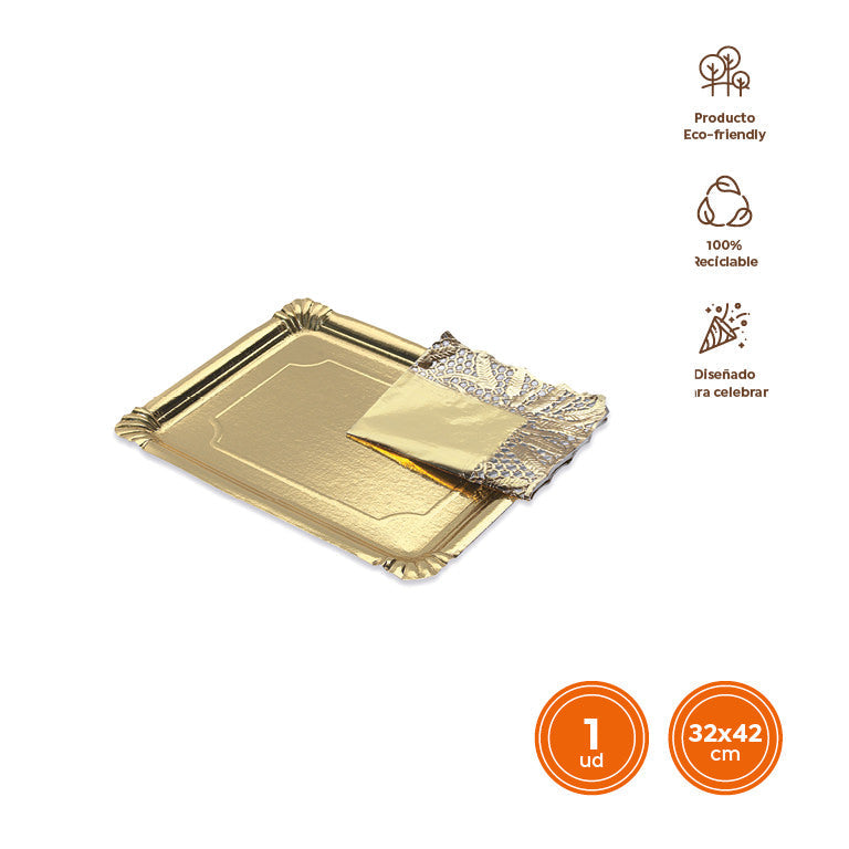 Bandeja Rectangular Cartón con Blonda Metalizado 40 x 50 cm Oro (48 uds)