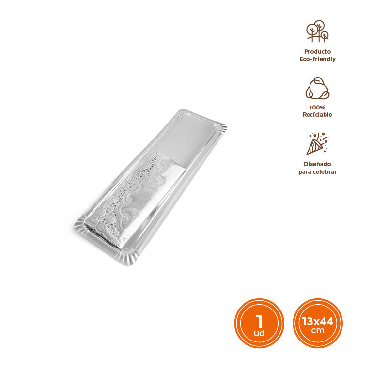 Bandeja Rectangular Brazo Cartón con Blonda Metalizado 13 x 44 cm Plata (72 uds)
