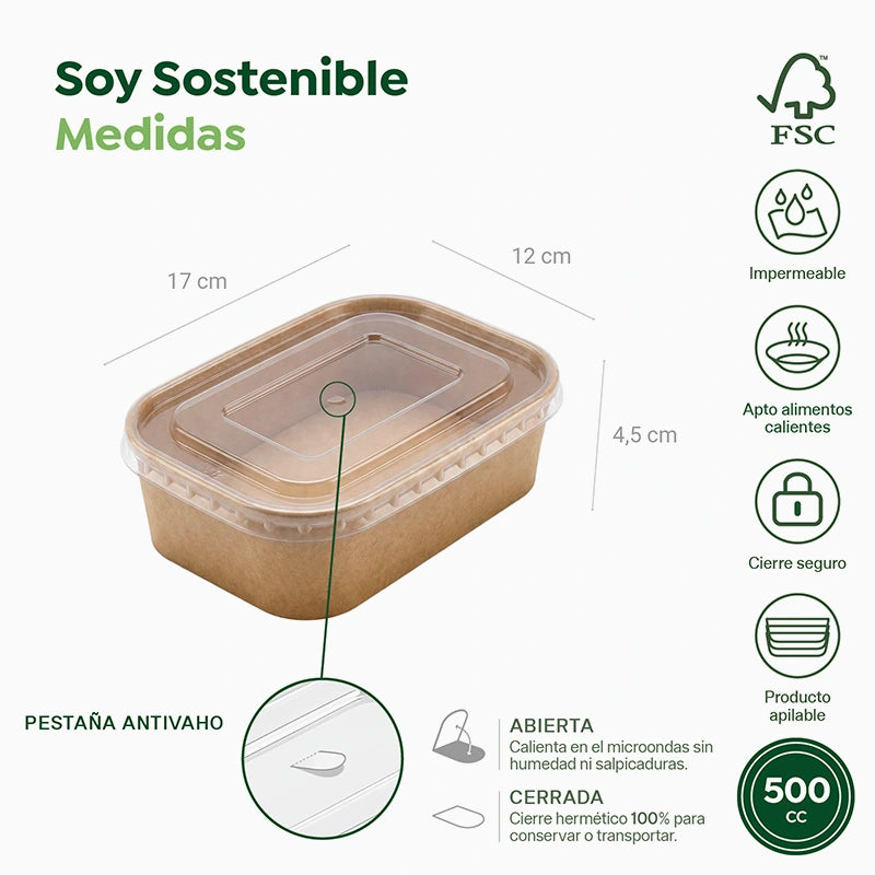 Envase Rectangular Cartón Kraft 500 cc con Tapa Plástico PP Transparente (25 uds)