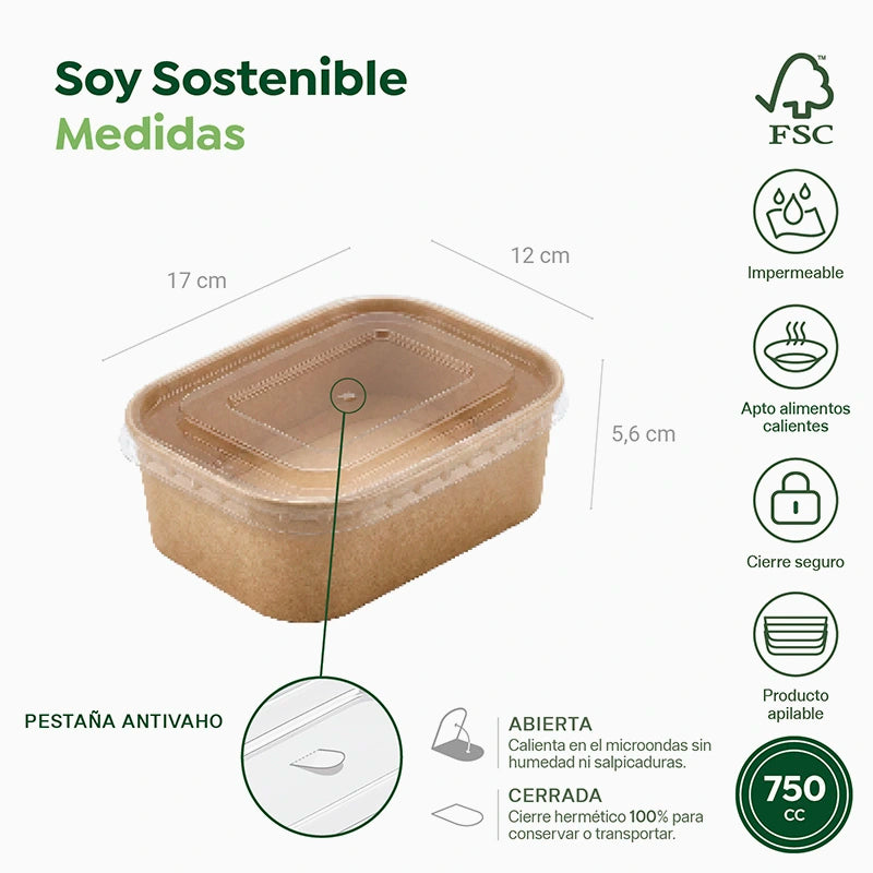 Envase Rectangular Cartón Kraft 750 cc con Tapa Plástico PP Transparente (25 uds)