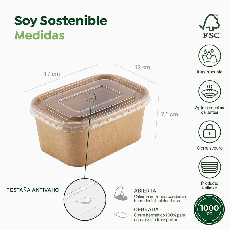 Envase Rectangular Cartón Kraft 1000 cc con Tapa Plástico PP Transparente (25 uds)