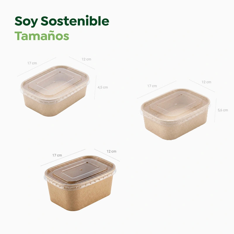 Envase Rectangular Cartón Kraft 1000 cc con Tapa Plástico PP Transparente (25 uds)