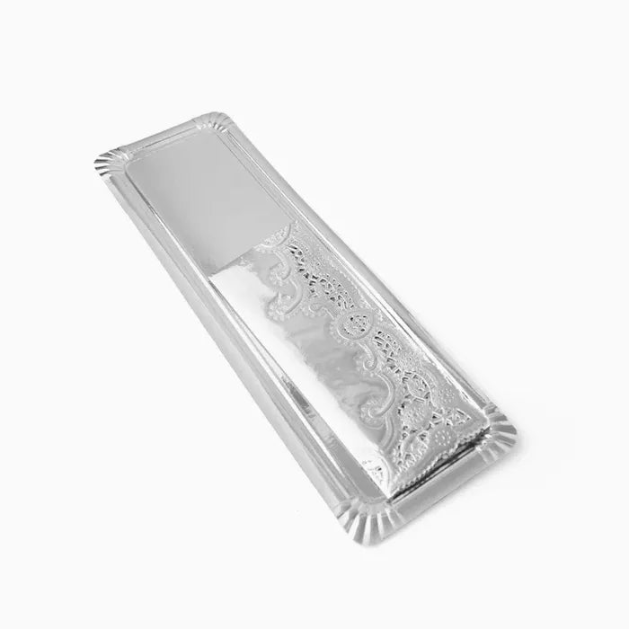 Bandeja Rectangular Brazo Cartón con Blonda Metalizado 13 x 44 cm Plata (1 ud)