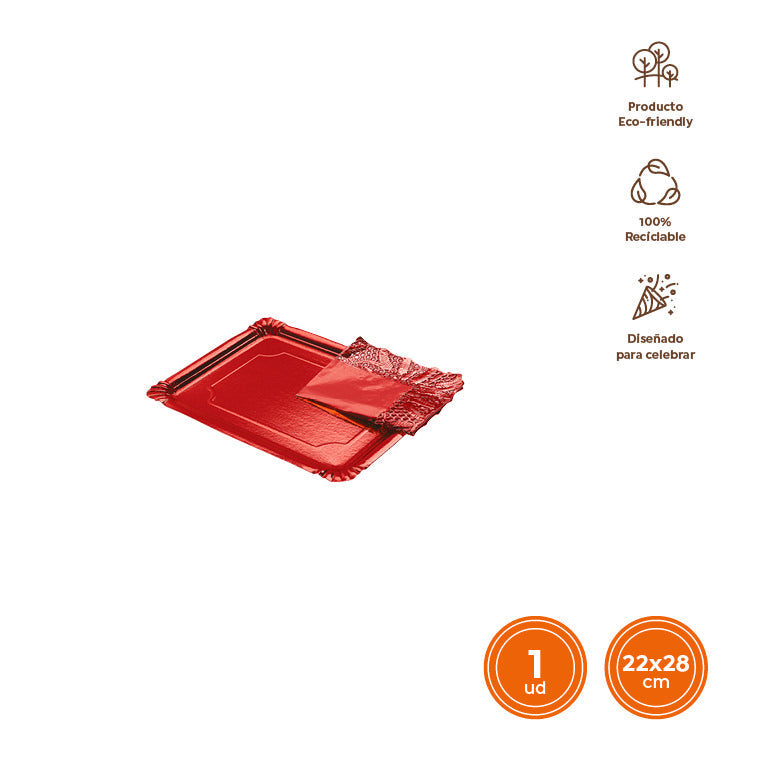 Bandeja Rectangular Cartón con Blonda Metalizado 22 x 28 cm Rojo (120 uds)