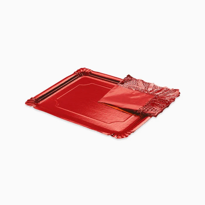 Bandeja Rectangular Cartón con Blonda Metalizado 22 x 28 cm Rojo (1 ud)