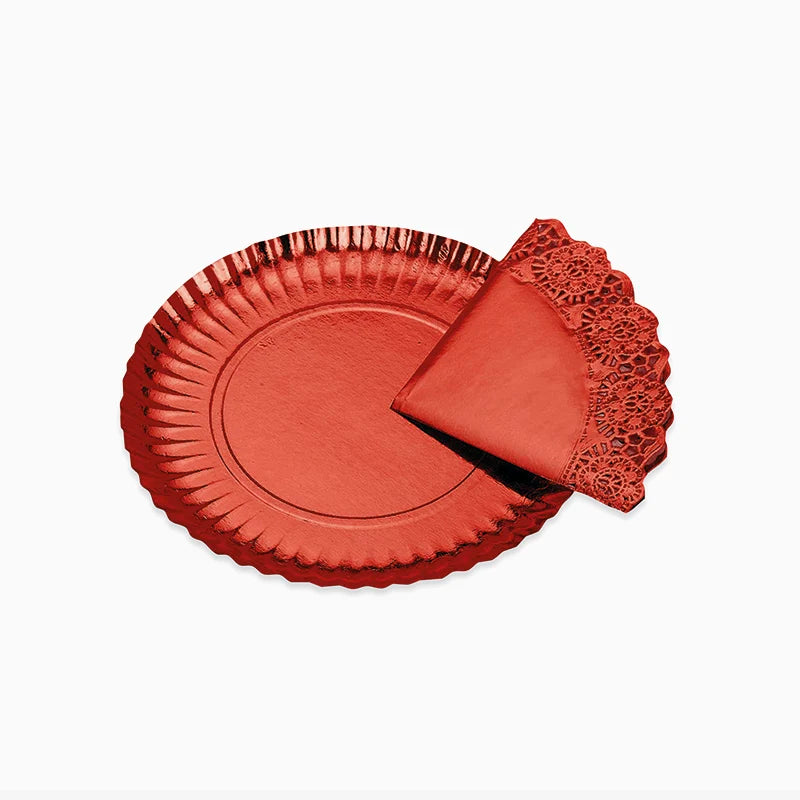 Bandeja Redonda Cartón con Blonda Metalizado Ø 23 cm Rojo (1 ud)