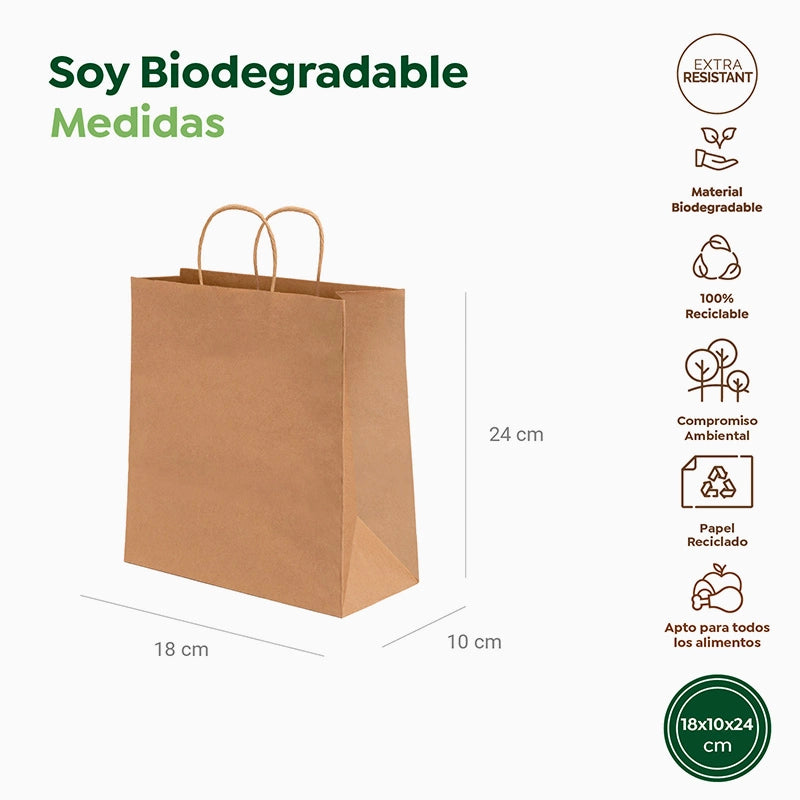 Bolsa Papel Kraft 18 x 8 x 24 cm con Asa Rizada (50 uds)