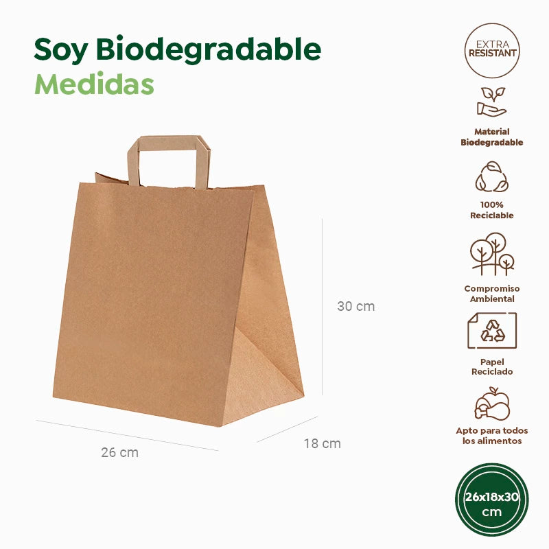 Bolsa Papel Pequeña Kraft 26 x 18 x 30 cm con Asa Plana (250 uds)