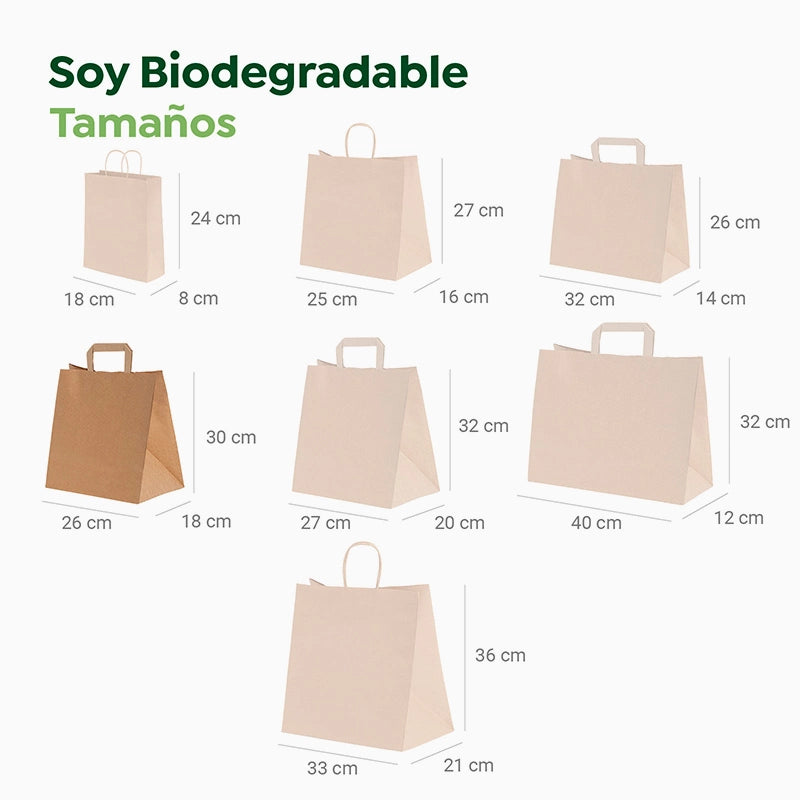 Bolsa Papel Pequeña Kraft 26 x 18 x 30 cm con Asa Plana (250 uds)