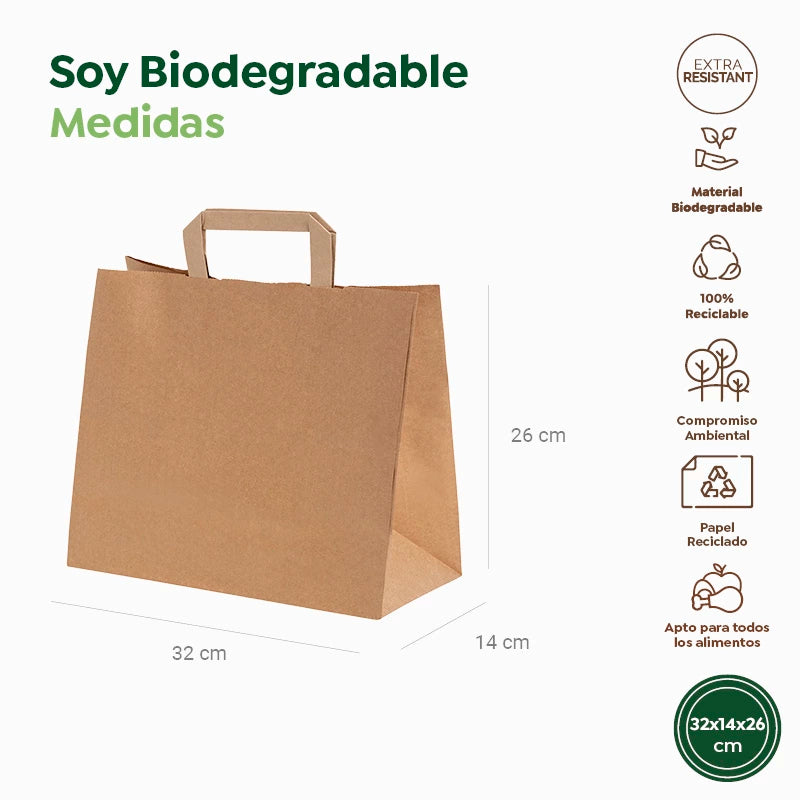 Bolsa Papel Mediana Kraft 32 x 14 x 26 cm con Asa Plana (250 uds)