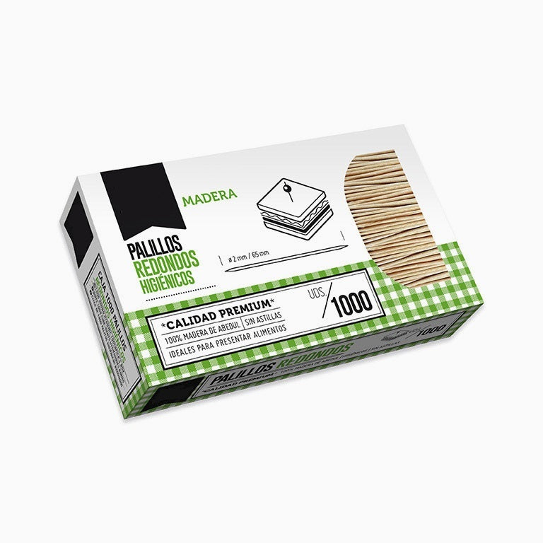 Caja Palillos Higiénicos Redondos Madera Ø 2 mm x 6.5 cm (48000 uds)