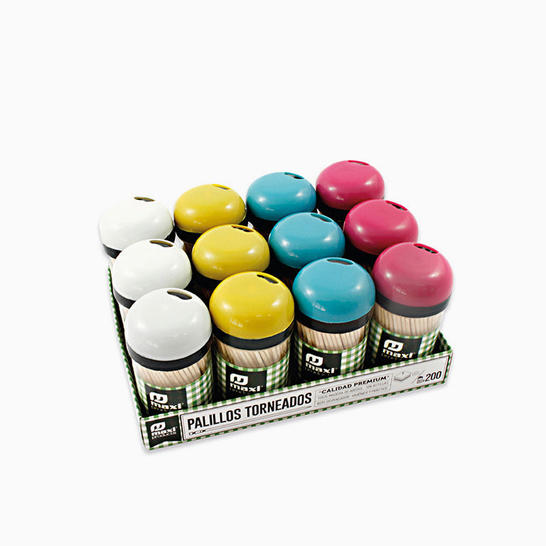 12 Botes Palillos Redondos Madera Ø 2 mm x 6.5 cm con Tapa (9600 uds)