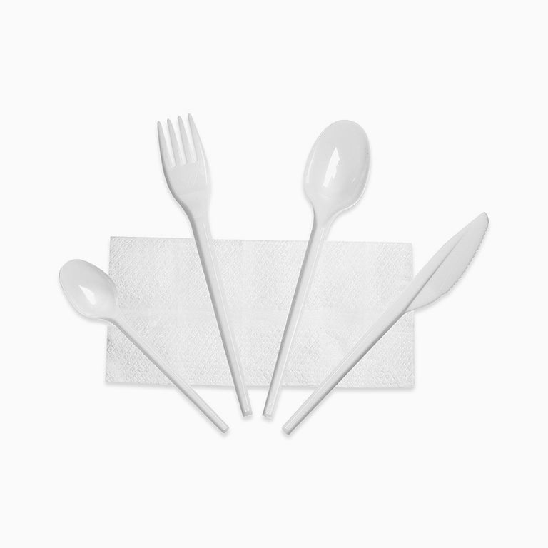 Set Plástico Servilleta, Cuchara, Cuchillo, Tenedor y Cucharita Blanco