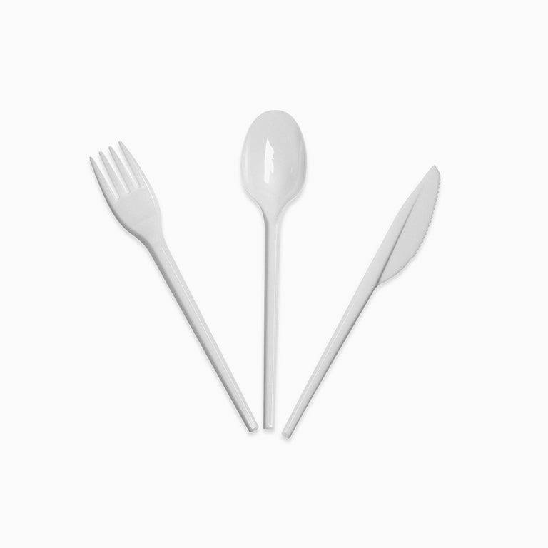 Set Plástico Cuchara, Cuchillo y Tenedor Blanco