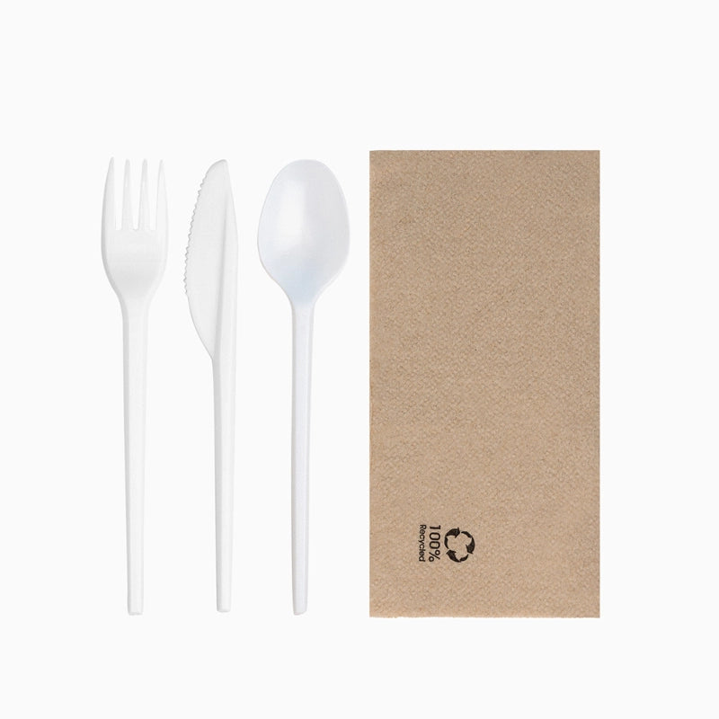 Set Cubiertos Servilleta Cuchillo Tenedor y Cucharita Blanco (1 ud)
