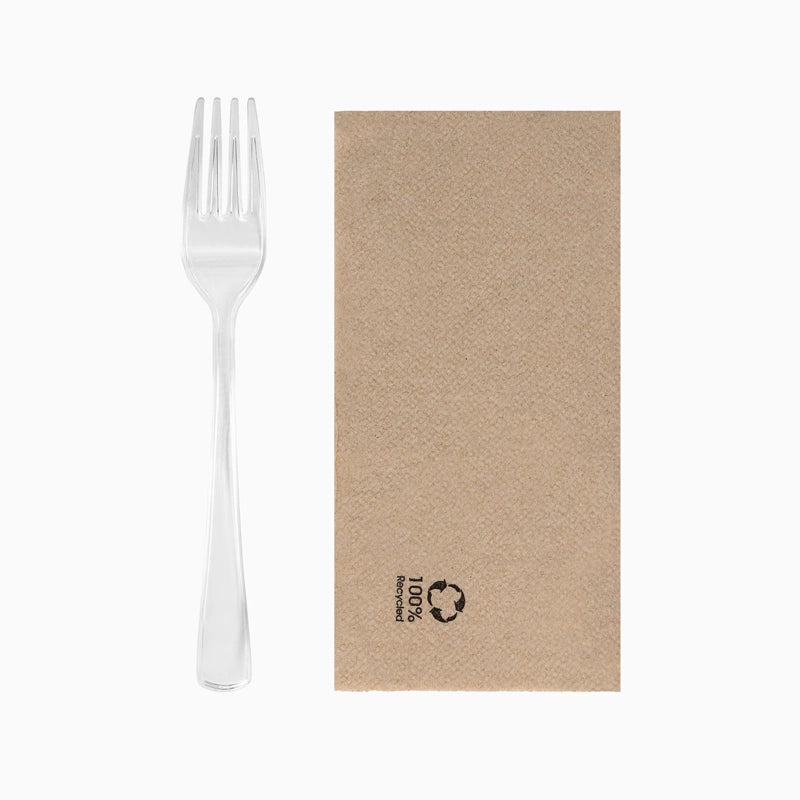 Tenedor Plástico PS Reutilizable 18.5 cm Transparente con Servilleta Kraft (1 ud)