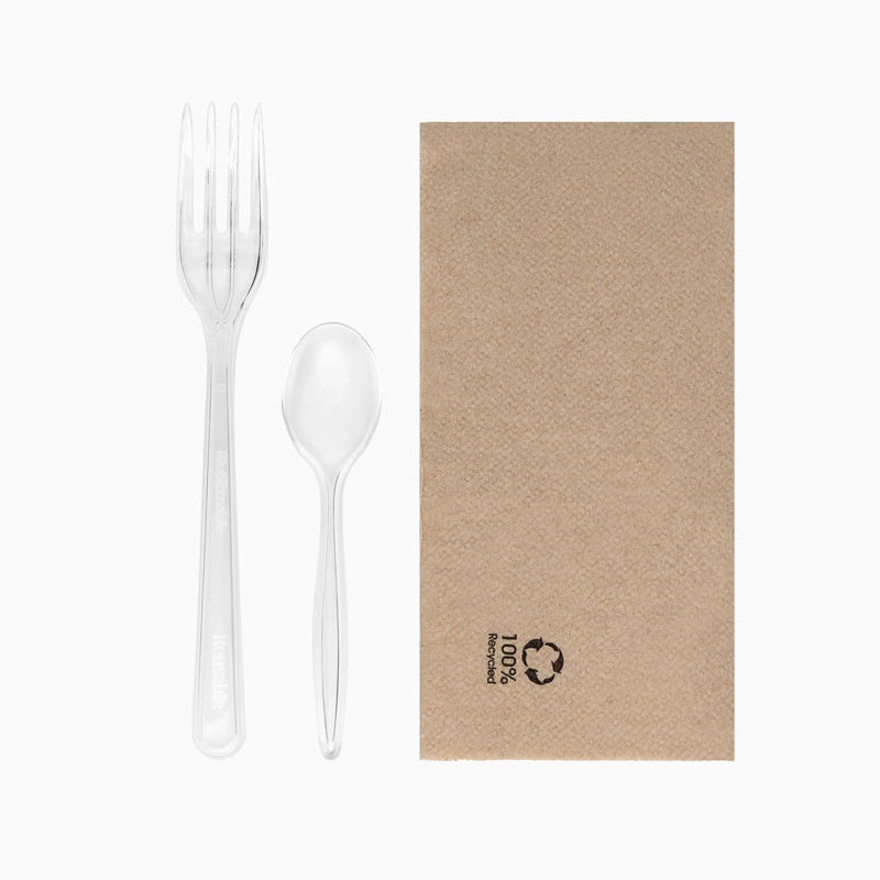 Set Tenedor + Cucharita Postre Plástico PS Reutilizable 18.5 cm Transparente con Servilleta Kraft (1 ud)
