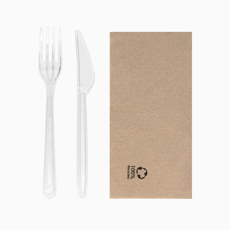 Set Tenedor + Cuchillo Plástico PS Reutilizable 18.5 cm Transparente con Servilleta Kraft (1 ud)