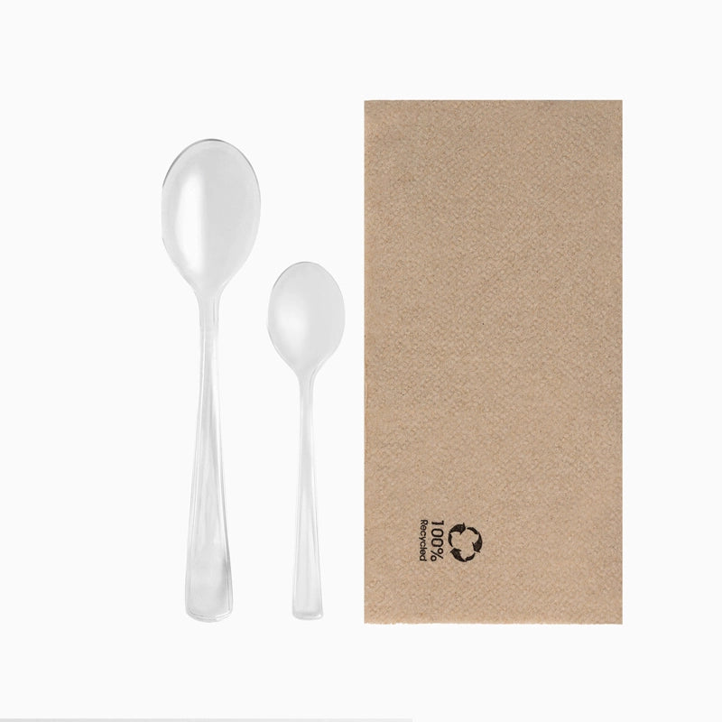 Set Cuchara + Cucharita Postre Plástico PS Reutilizable 17.5 cm Transparente con Servilleta Kraft (1 ud)