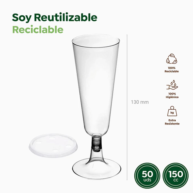 Copa Cava Plástico PS Reutilizable con Tapa 150 cc Transparente (50 uds)