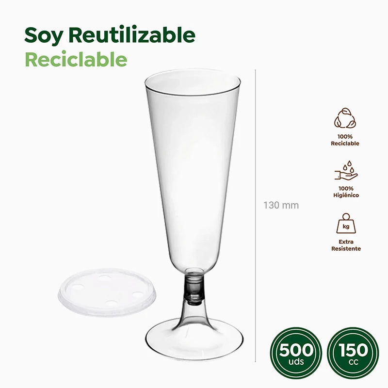 Copa Cava Plástico PS Reutilizable con Tapa 150 cc Transparente (500 uds)