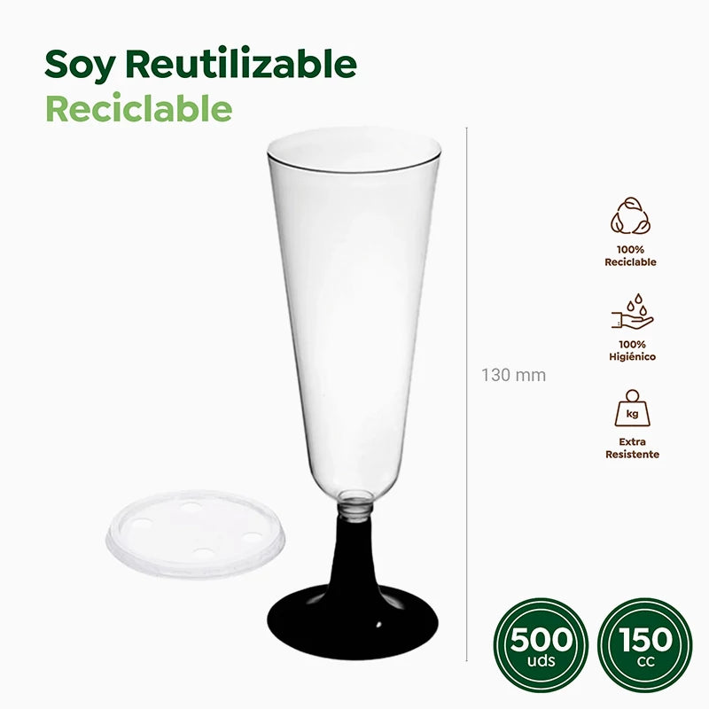 Copa Cava Plástico PS Reutilizable con Tapa 150 cc Negro (500 uds)
