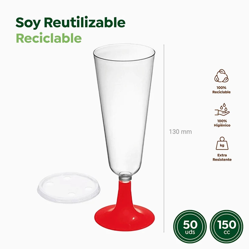 Copa Cava Plástico PS Reutilizable con Tapa 150 cc Rojo (50 uds)