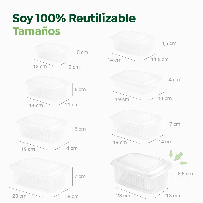 Envase Rectangular Plástico PP Reutilizable Tapa Bisagra 2000 cc Transparente (1 ud)