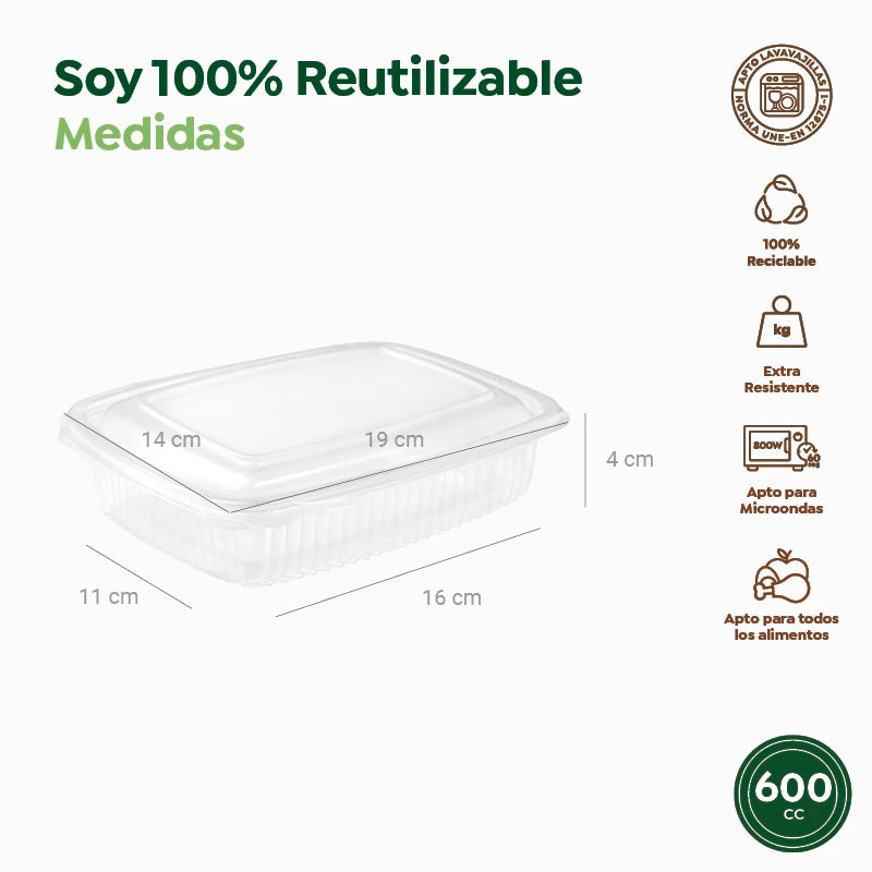 Envase Rectangular Plástico PP Reutilizable Tapa Bisagra 600 cc Transparente (400 uds)