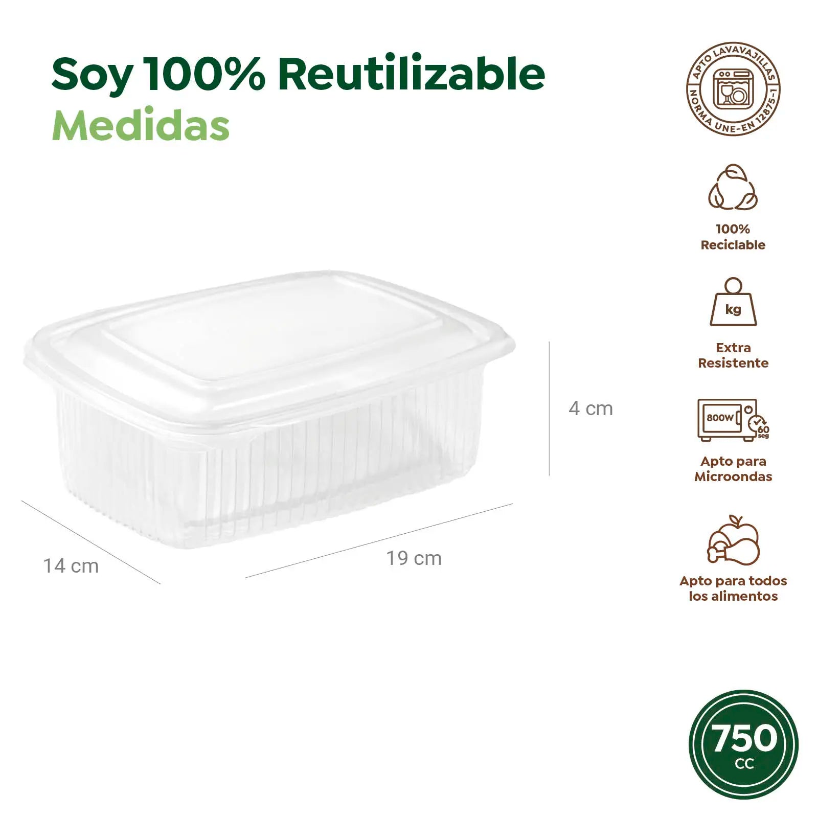 Envase Rectangular Reutilizable Tapa Bisagra 750cc Transparente 50 Uds