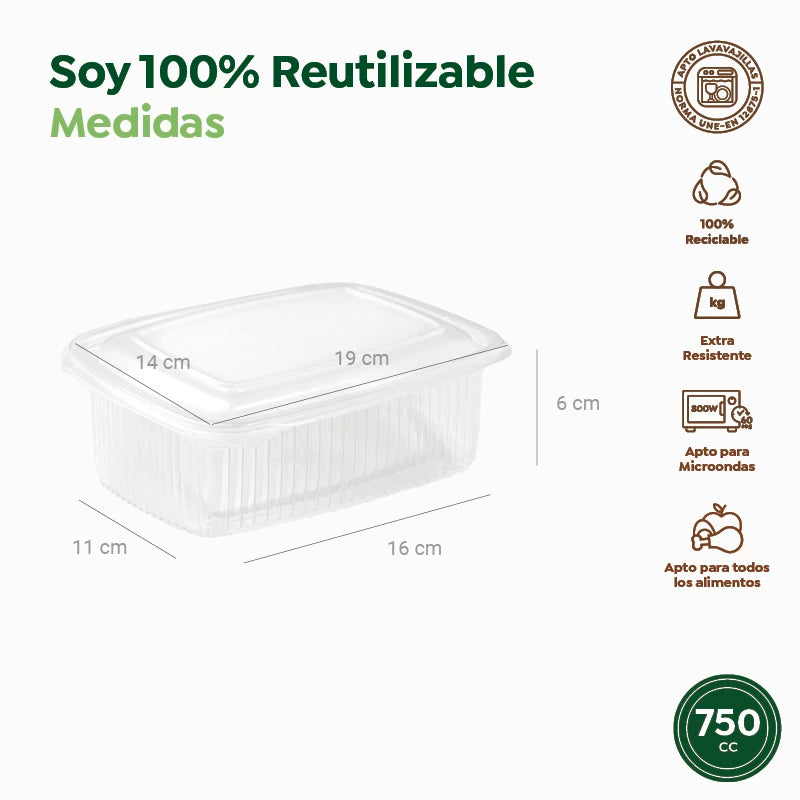 Envase Rectangular Plástico PP Reutilizable Tapa Bisagra 750 cc Transparente (400 uds)