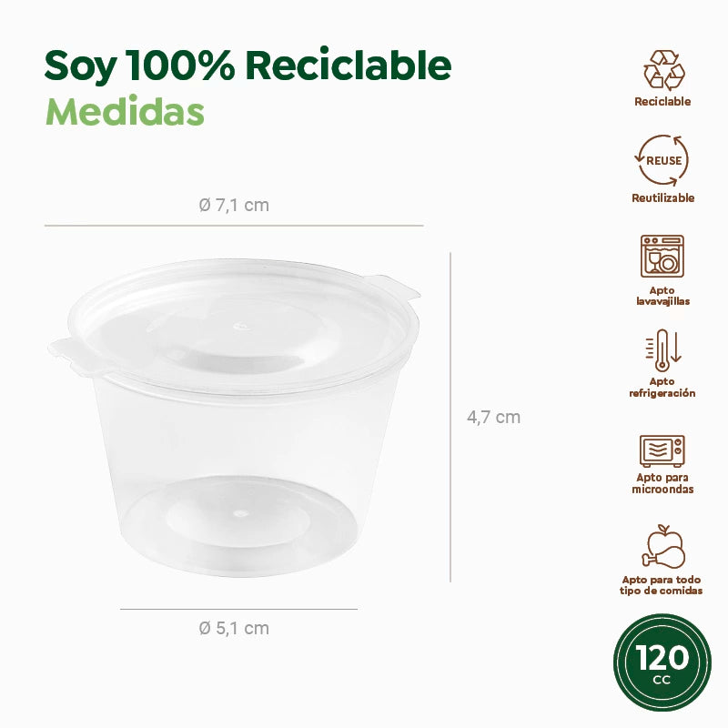 Salsera Plástico PP Reutilizable 120 cc Transparente con Tapa Bisagra Transparente (50 uds)