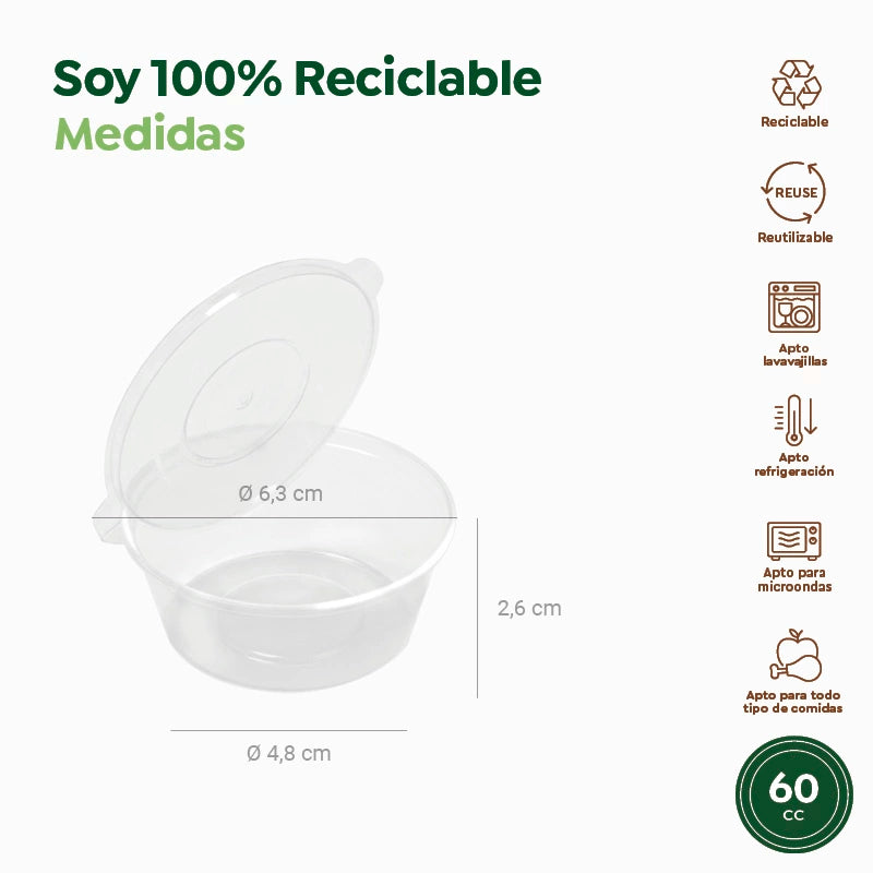 Salsera Plástico PP Reutilizable 60 cc Transparente con Tapa Bisagra Transparente (50 uds)