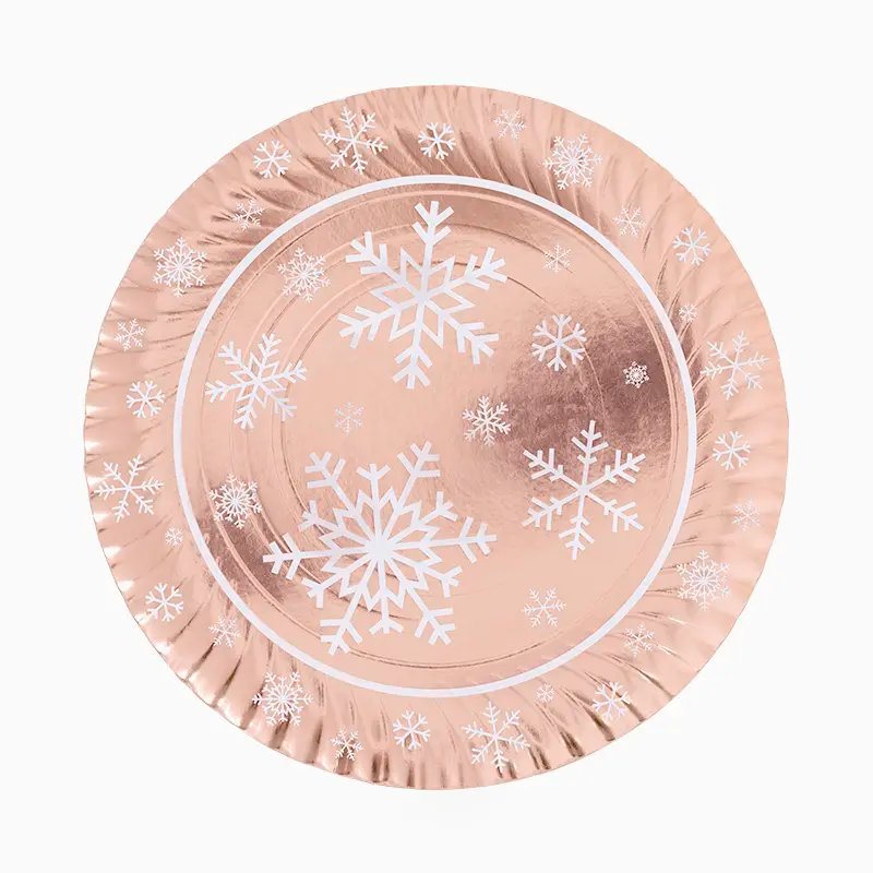 Bandeja Redonda Cartón Navidad Metalizada Ø 30 cm Copo de Nieve Oro Rosa (1 ud)
